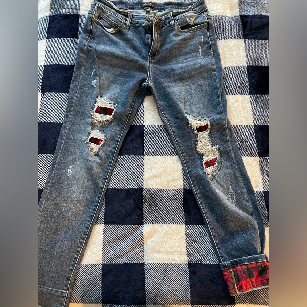 Judy Blue Buffalo plaid cuff/patch jeans size 13